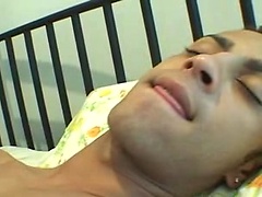 Cute latino jerking off his meat on a white bed in here !